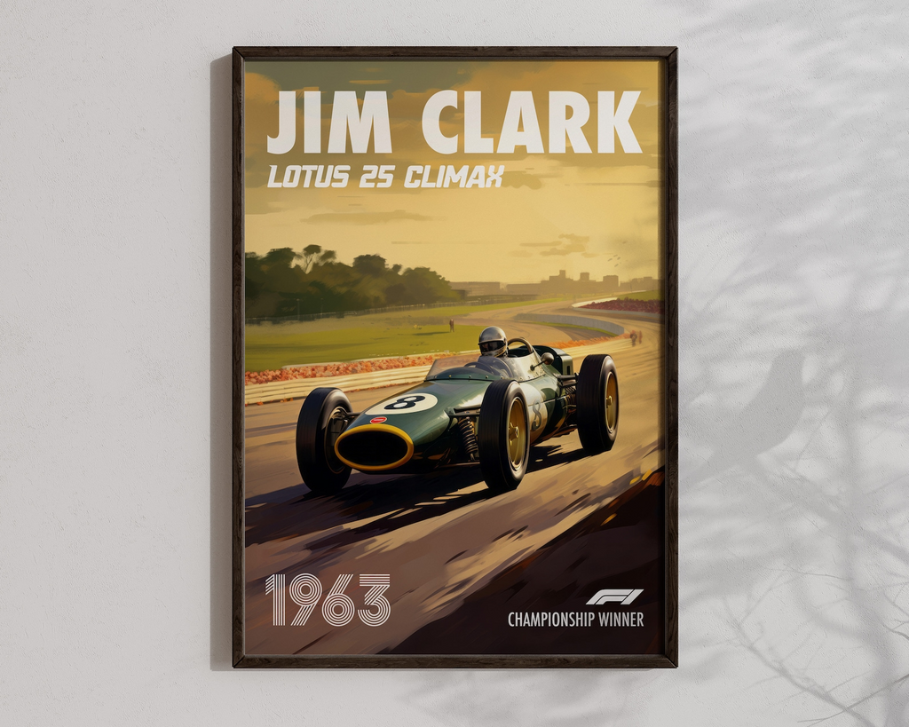 Vintage Jim Clark Poster Formula1 Race Car Wall Art Lotus 25 Climax Artwork