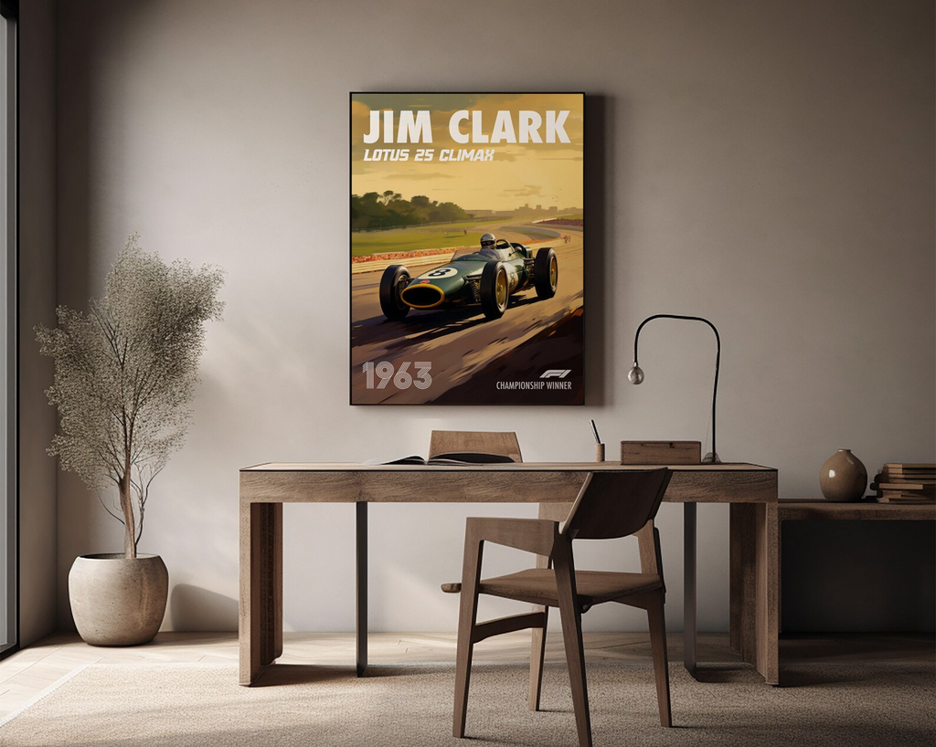 Vintage Jim Clark Poster Formula1 Race Car Wall Art Lotus 25 Climax Artwork