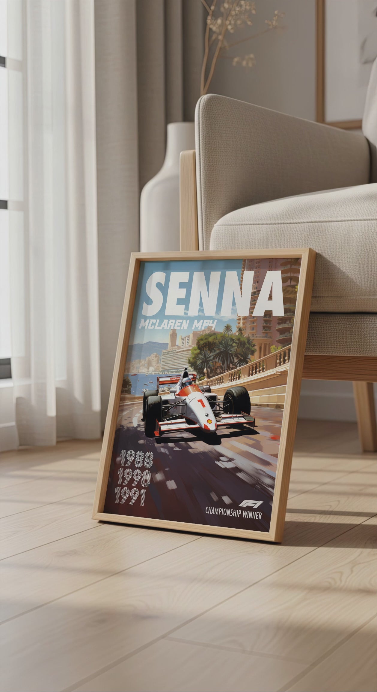 Vintage Ayrton Senna Poster Formula1 Race Car Wall Art Mclaren Mp4 Artwork